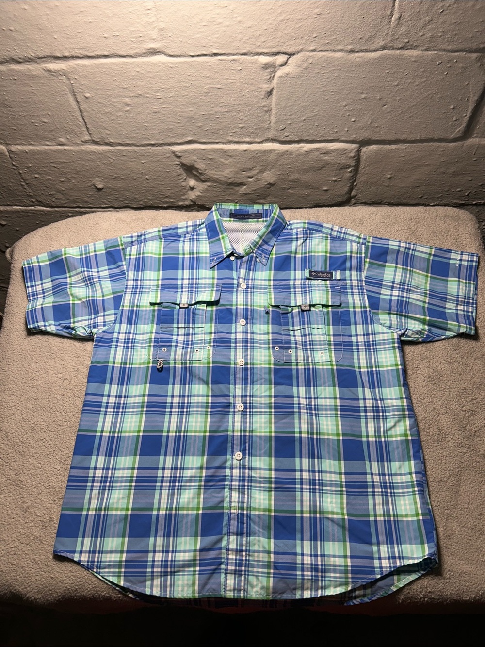 Columbia PFG Super Bahama Shirt Mens M Plaid Short Sleeve Fishing Vented Blue